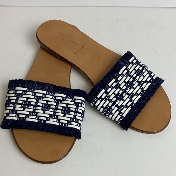 J. Crew Navy and White Raffia Slide Sandals Size 8 Made in Italy Vacation Boho - Picture 8 of 16